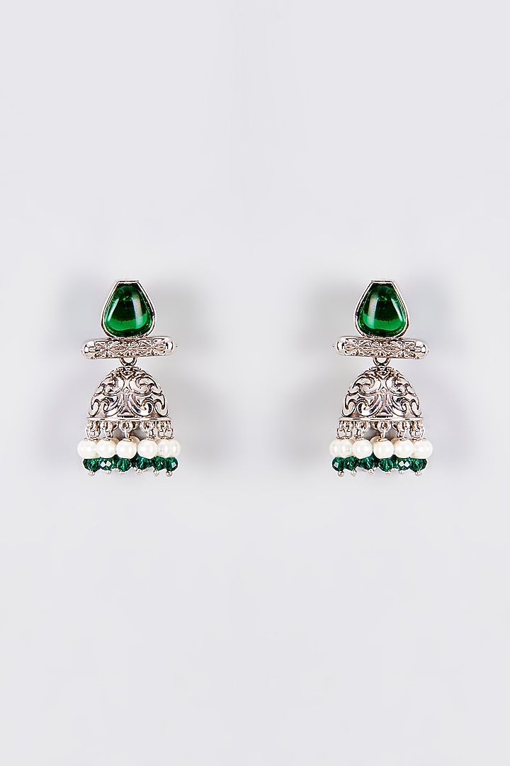 White Finish Kundan Polki & Green Stone Jhumka Earrings by VASTRAA Jewellery at Pernia's Pop Up Shop