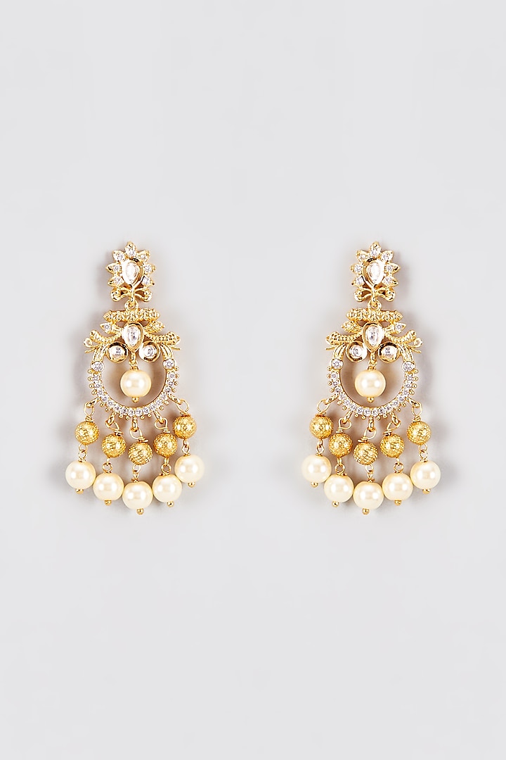 Gold Finish Kundan Polki & Pearl Temple Dangler Earrings by VASTRAA Jewellery at Pernia's Pop Up Shop