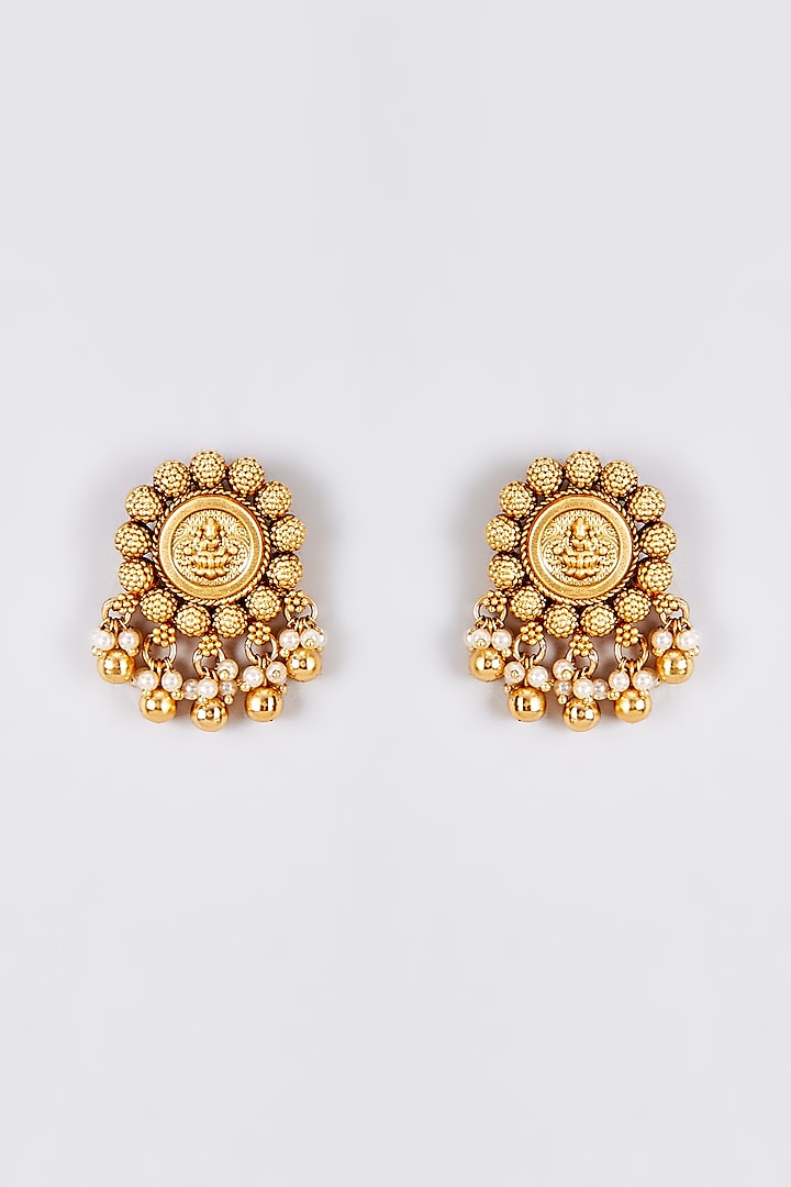 Gold Finish Kundan Polki Temple Stud Earrings by VASTRAA Jewellery at Pernia's Pop Up Shop