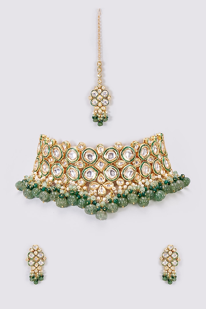 Gold Finish Kundan Polki & Green Beaded Choker Necklace Set by VASTRAA Jewellery at Pernia's Pop Up Shop