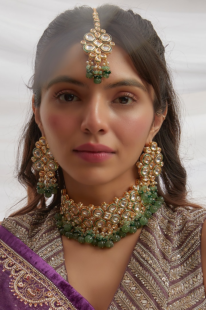 Gold Finish Kundan Polki & Green Beaded Choker Necklace Set by VASTRAA Jewellery at Pernia's Pop Up Shop