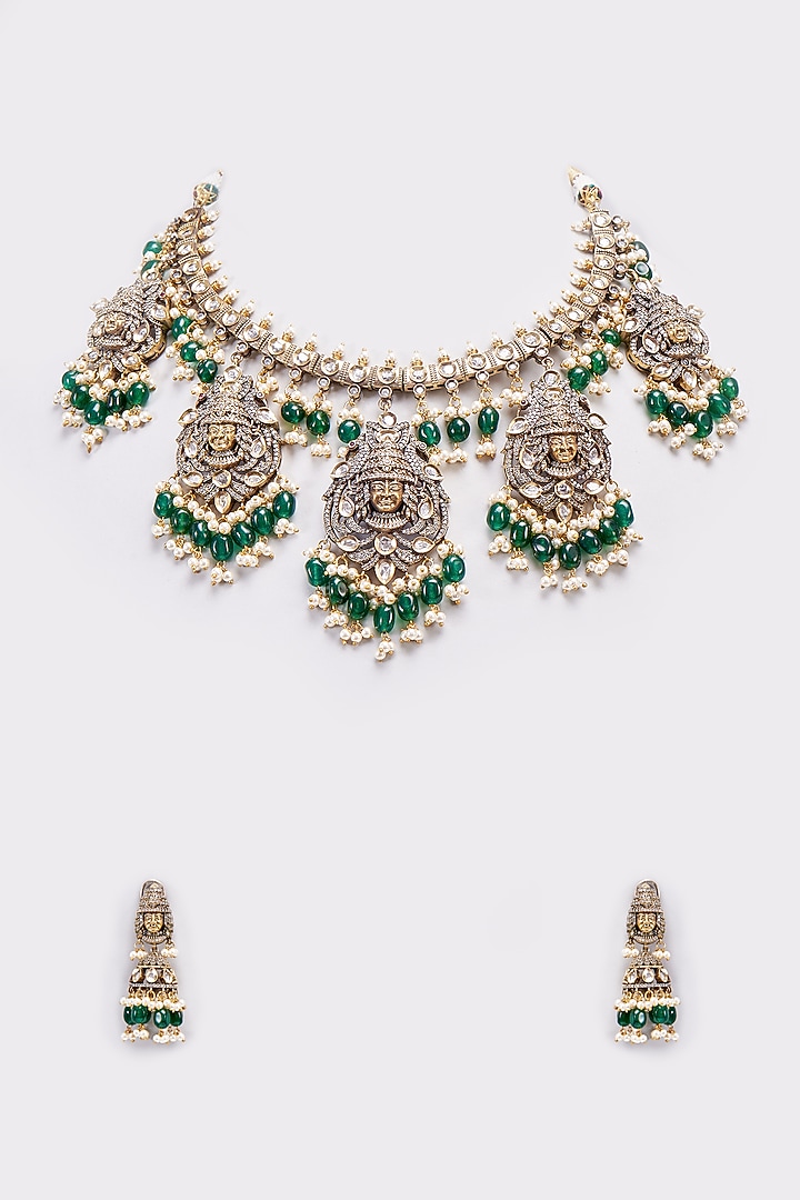 Gold Finish Kundan Polki & Green Beaded Necklace Set by VASTRAA Jewellery at Pernia's Pop Up Shop