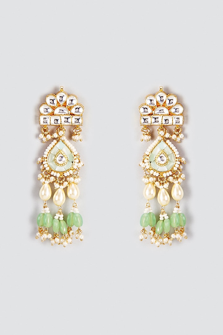 Gold Finish Kundan Polki & Synthetic Green Beaded Dangler Earrings by VASTRAA Jewellery at Pernia's Pop Up Shop
