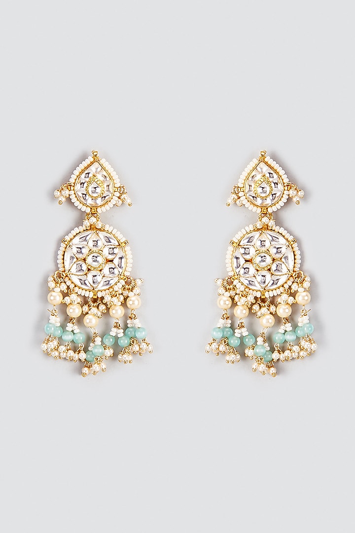 Gold Finish Kundan Polki & Pearl Dangler Earrings by VASTRAA Jewellery at Pernia's Pop Up Shop
