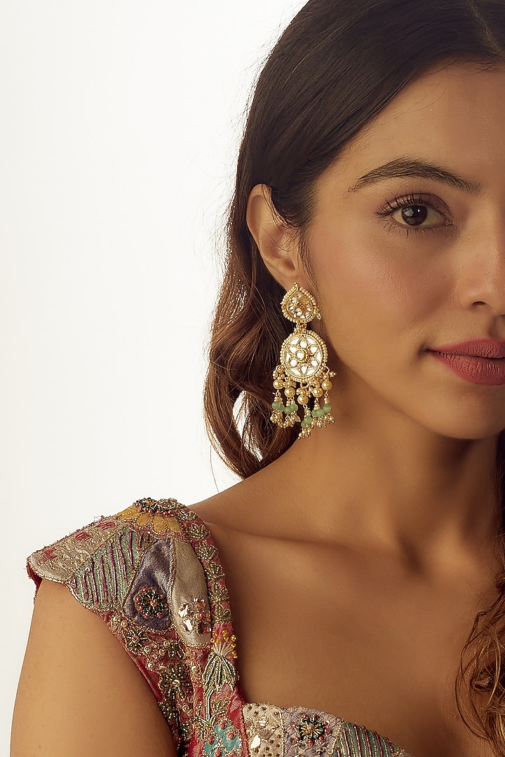Gold Finish Kundan Polki & Pearl Dangler Earrings by VASTRAA Jewellery at Pernia's Pop Up Shop