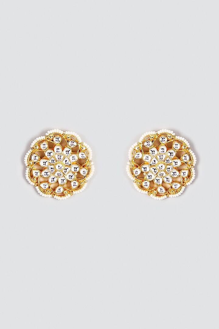 Gold Finish Kundan Polki & Pearl Stud Earrings by VASTRAA Jewellery at Pernia's Pop Up Shop