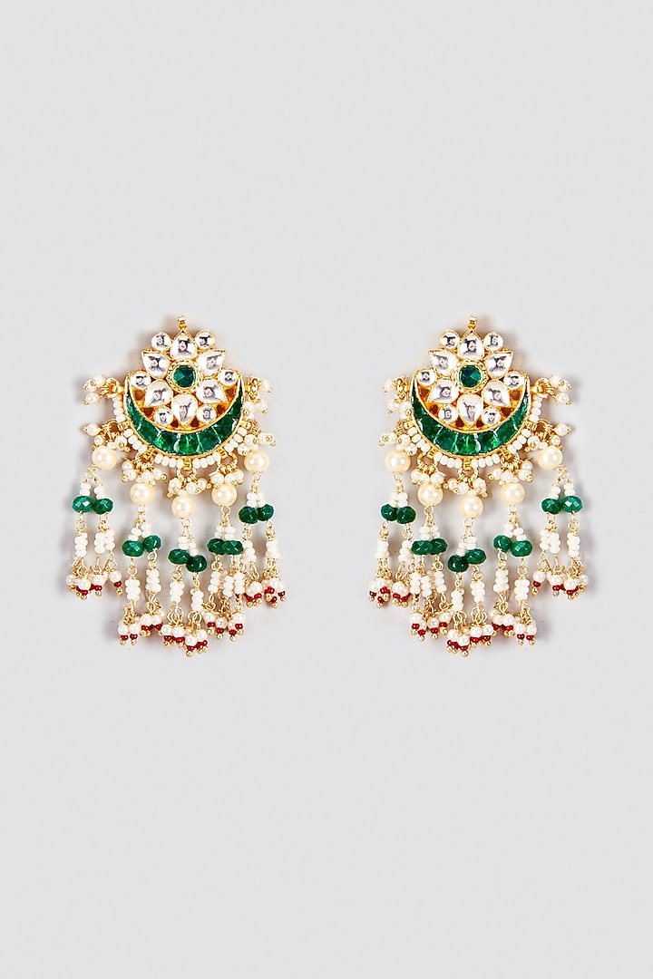 Gold Finish Kundan Polki & Green Stone Dangler Earrings by VASTRAA Jewellery at Pernia's Pop Up Shop