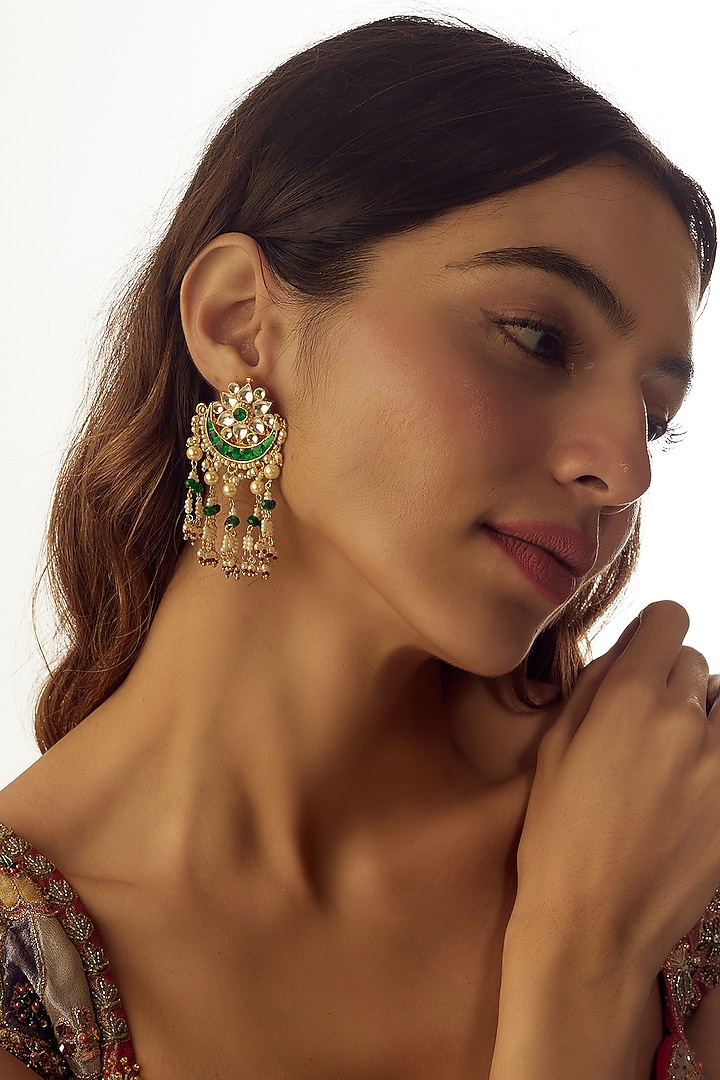 Gold Finish Kundan Polki & Green Stone Dangler Earrings by VASTRAA Jewellery at Pernia's Pop Up Shop