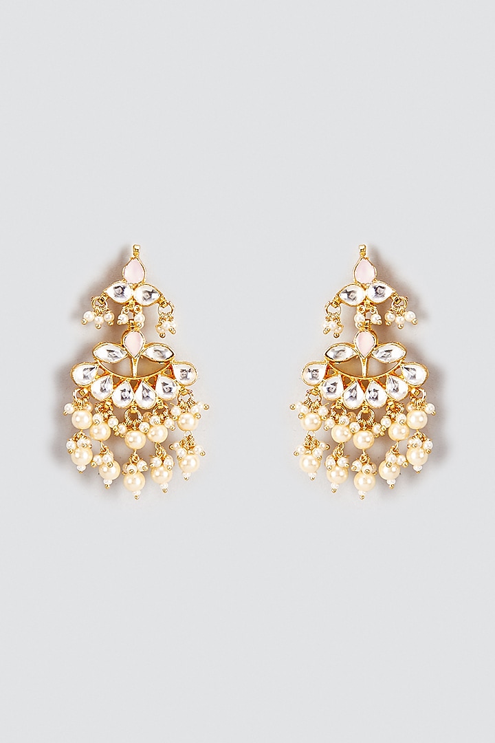Gold Finish Kundan Polki & Pearl Dangler Earrings by VASTRAA Jewellery at Pernia's Pop Up Shop