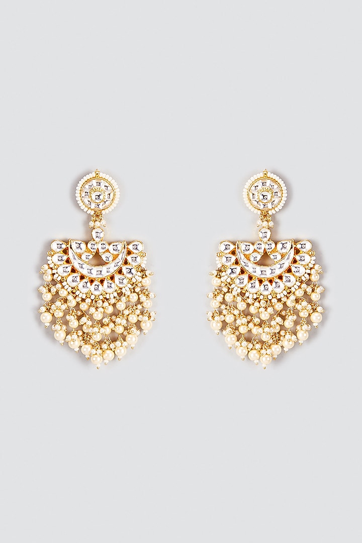 Gold Finish Kundan Polki & Pearl Chandbali Earrings by VASTRAA Jewellery at Pernia's Pop Up Shop