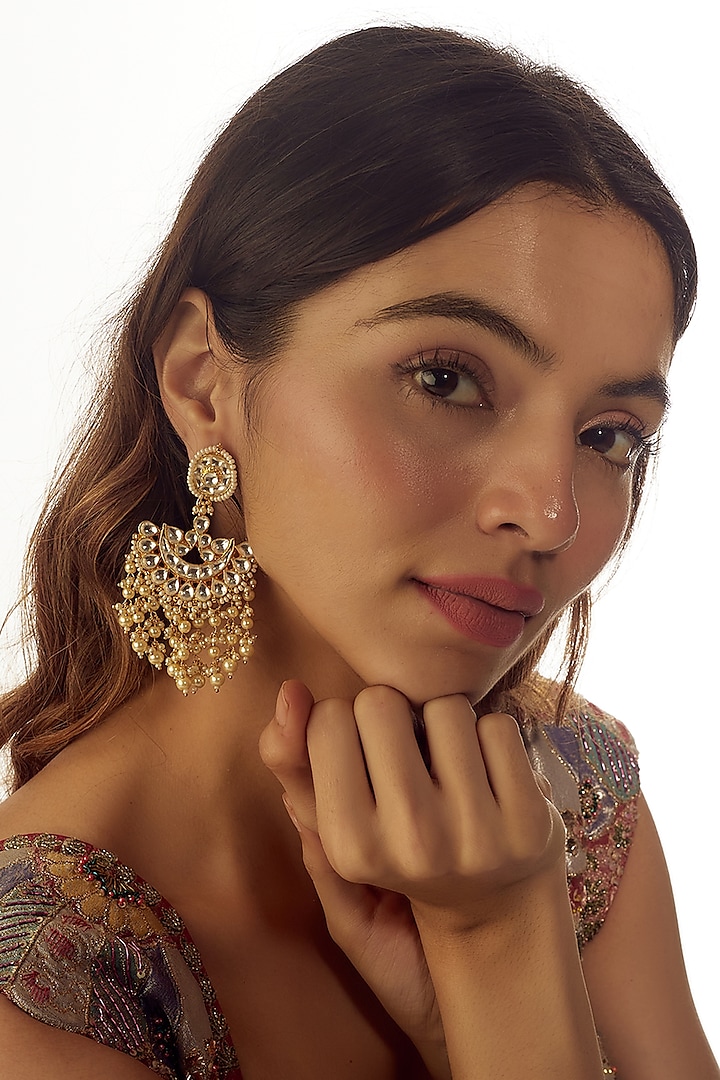 Gold Finish Kundan Polki & Pearl Chandbali Earrings by VASTRAA Jewellery at Pernia's Pop Up Shop