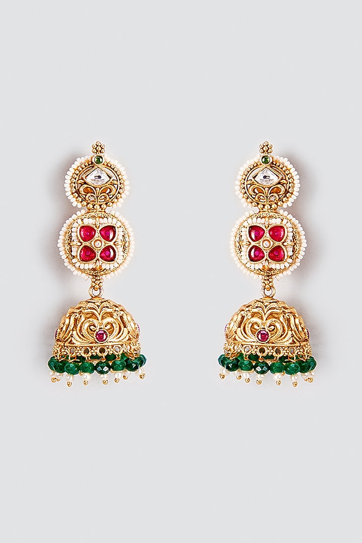 Gold Finish Kundan Polki Temple Jhumka Earrings by VASTRAA Jewellery at Pernia's Pop Up Shop
