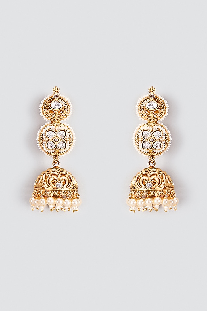 Gold Finish Kundan Polki & Pearl Temple Jhumka Earrings by VASTRAA Jewellery at Pernia's Pop Up Shop