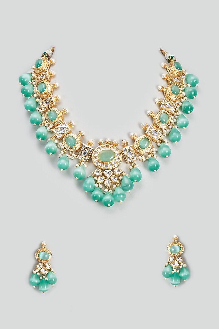 Gold Finish Kundan Polki & Green Beaded Necklace Set by VASTRAA Jewellery at Pernia's Pop Up Shop