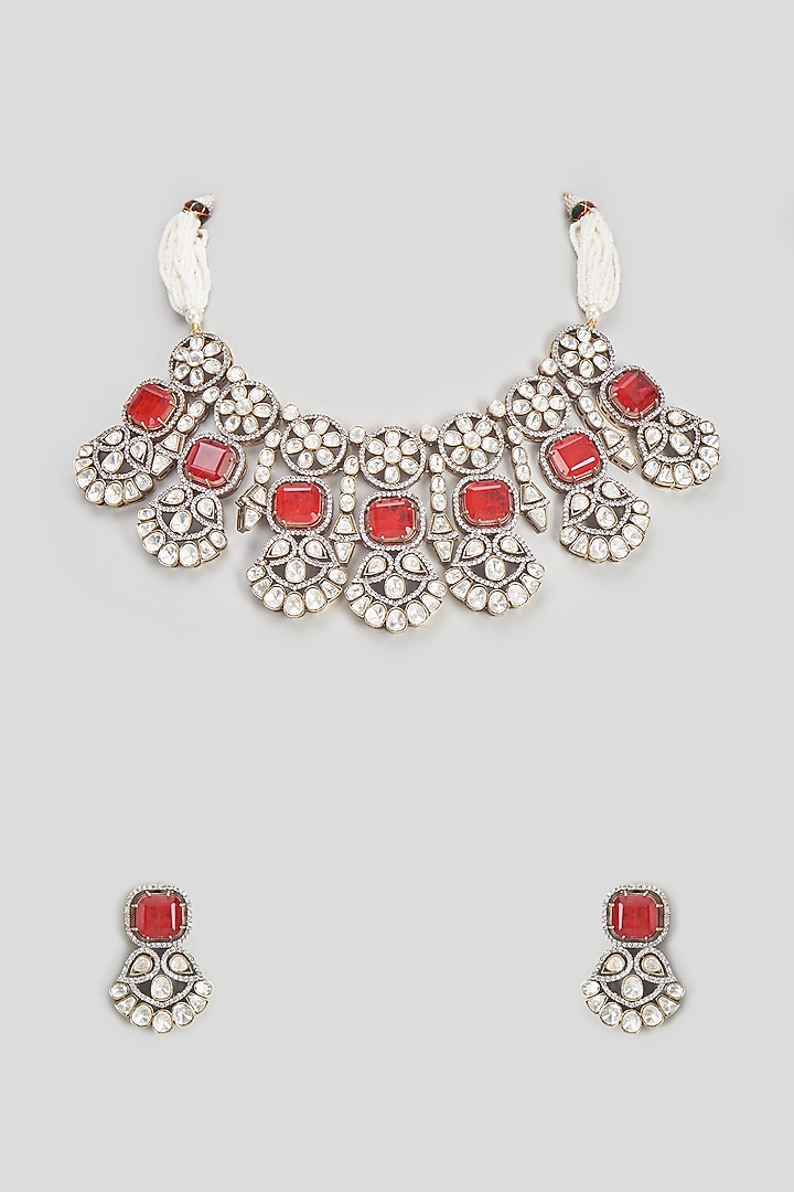 Gold Finish Kundan Polki & Red Stone Necklace Set by VASTRAA Jewellery at Pernia's Pop Up Shop