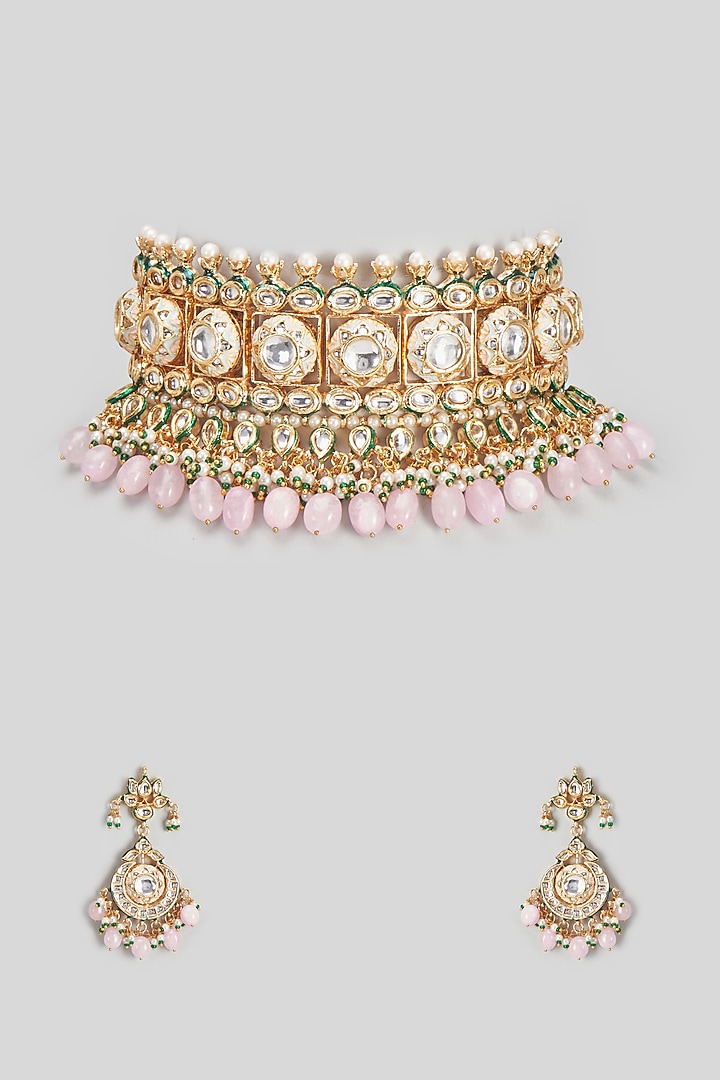 Gold Finish Kundan Polki Choker Necklace Set by VASTRAA Jewellery at Pernia's Pop Up Shop