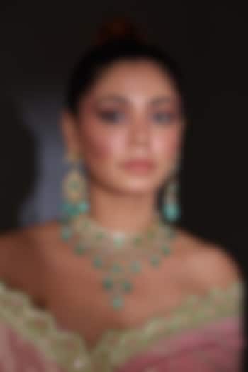 Gold Finish Kundan Polki & Aqua Beaded Choker Necklace Set by VASTRAA Jewellery at Pernia's Pop Up Shop