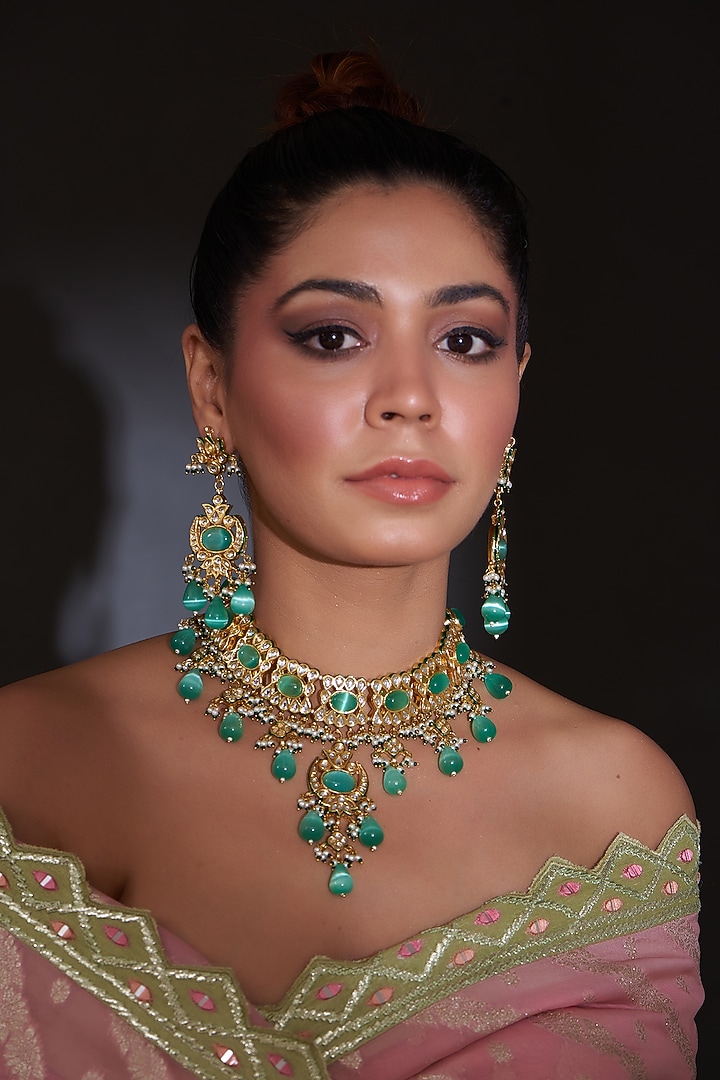 Gold Finish Kundan Polki & Aqua Beaded Choker Necklace Set by VASTRAA Jewellery at Pernia's Pop Up Shop