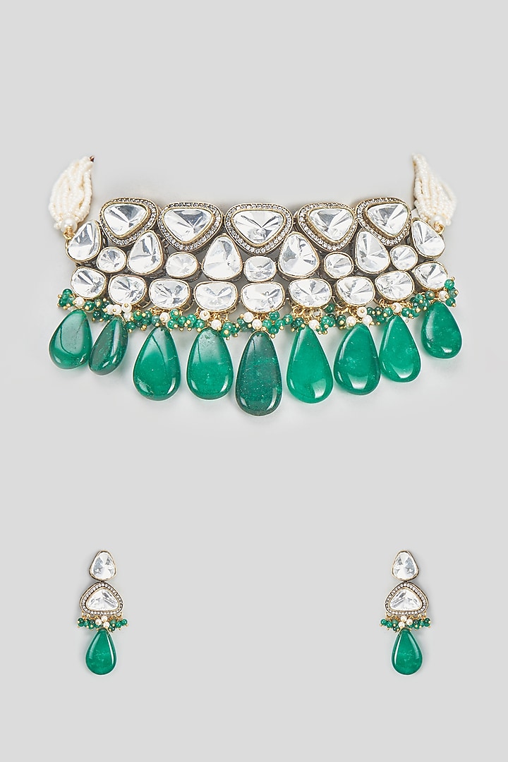 Gold Finish Kundan Polki & Green Beaded Choker Necklace Set by VASTRAA Jewellery at Pernia's Pop Up Shop
