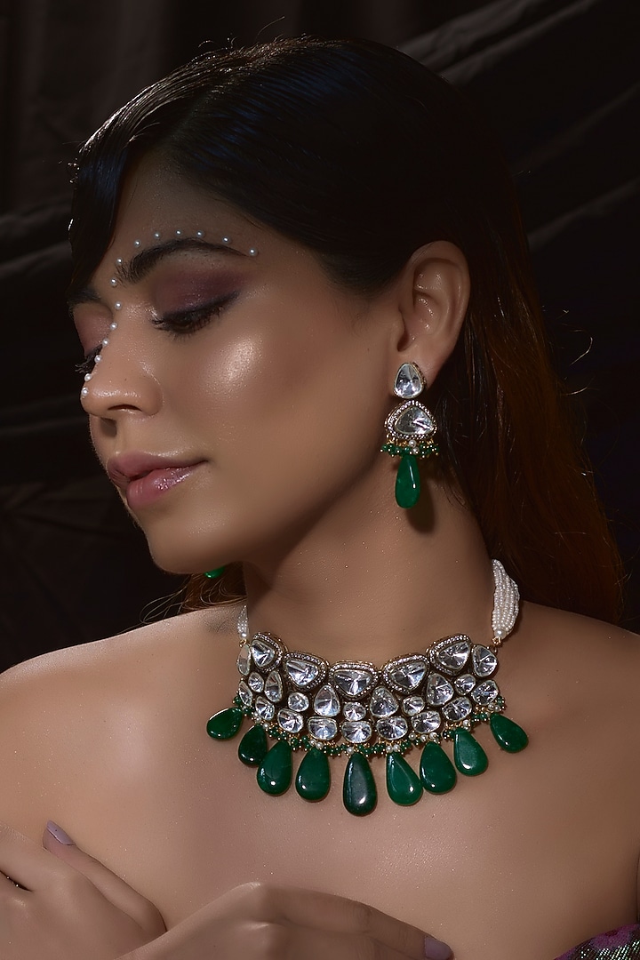 Gold Finish Kundan Polki & Green Beaded Choker Necklace Set by VASTRAA Jewellery at Pernia's Pop Up Shop