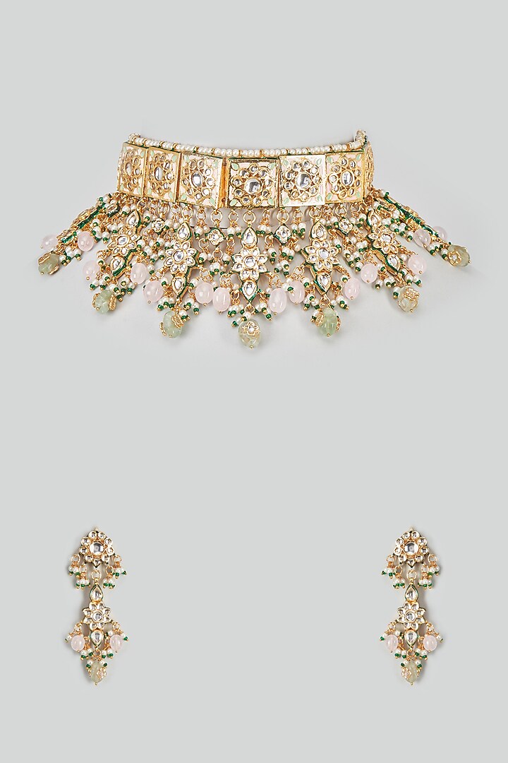 Gold Finish Kundan Polki & Pearl Choker Necklace Set by VASTRAA Jewellery at Pernia's Pop Up Shop