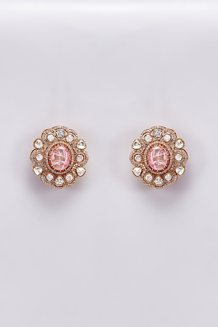 Gold Finish Kundan Polki & Pink Stone Stud Earrings by VASTRAA Jewellery at Pernia's Pop Up Shop
