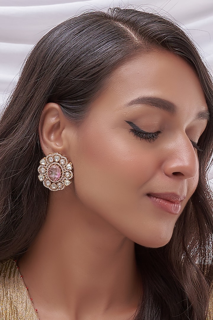 Gold Finish Kundan Polki & Pink Stone Stud Earrings by VASTRAA Jewellery at Pernia's Pop Up Shop