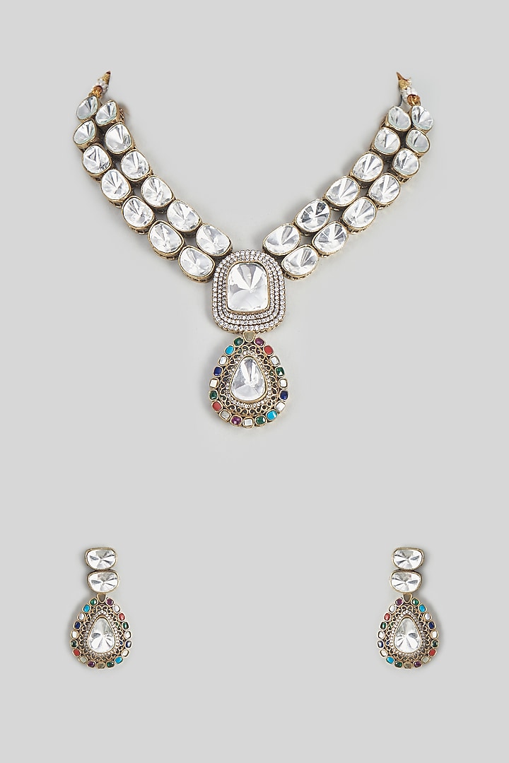 Gold Finish Kundan Polki Necklace Set by VASTRAA Jewellery at Pernia's Pop Up Shop