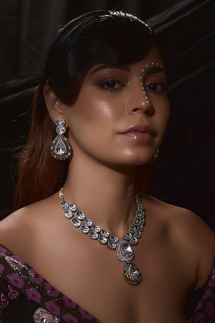 Gold Finish Kundan Polki Necklace Set by VASTRAA Jewellery at Pernia's Pop Up Shop