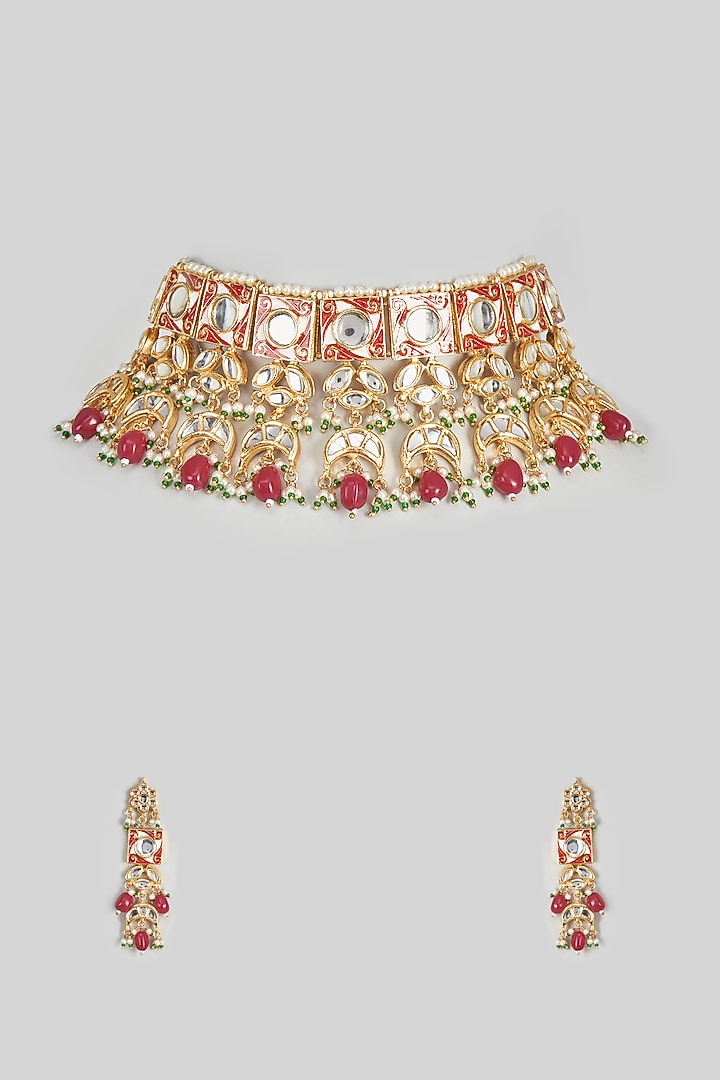Gold Finish Kundan Polki & Red Stone Choker Necklace Set by VASTRAA Jewellery at Pernia's Pop Up Shop