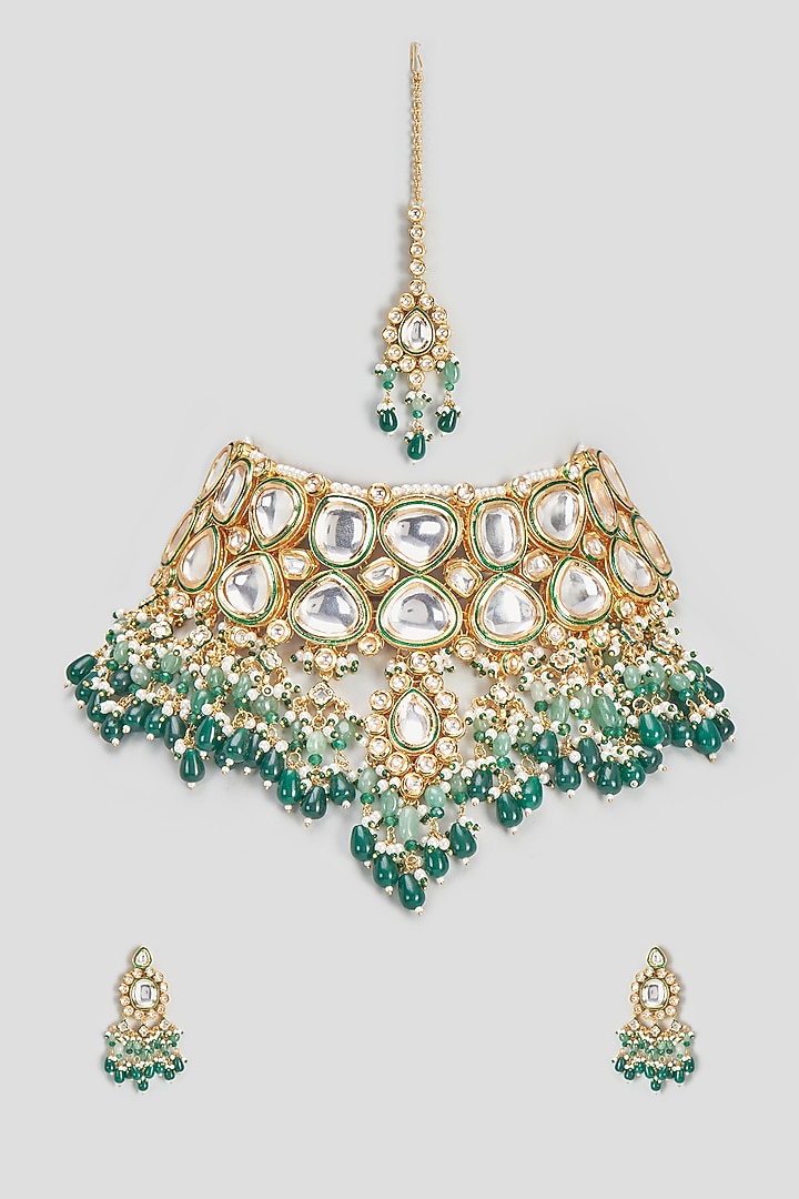 Gold Finish Kundan Polki Choker Necklace Set by VASTRAA Jewellery at Pernia's Pop Up Shop