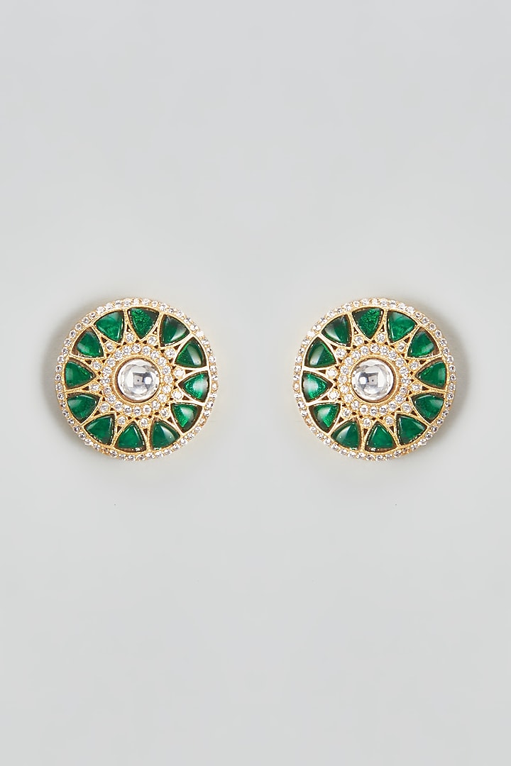 Gold Finish Kundan Polki & Green Stone Stud Earrings by VASTRAA Jewellery at Pernia's Pop Up Shop