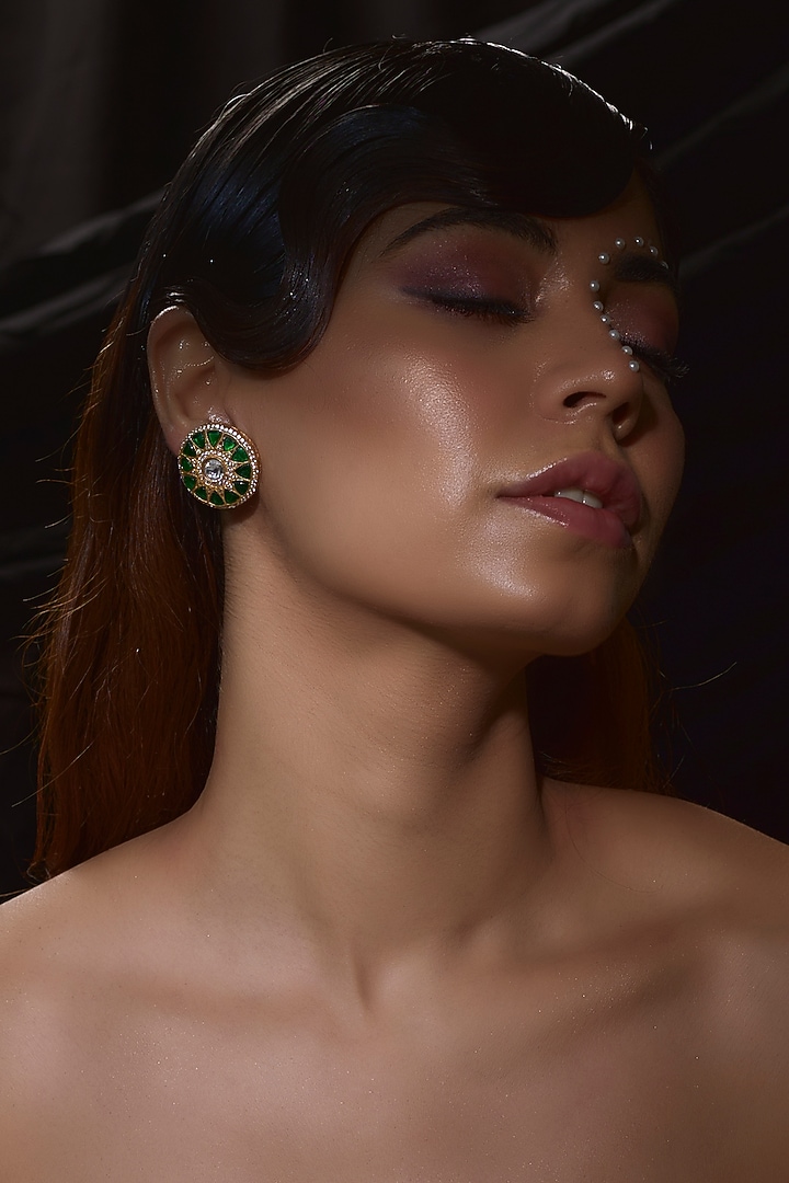 Gold Finish Kundan Polki & Green Stone Stud Earrings by VASTRAA Jewellery at Pernia's Pop Up Shop