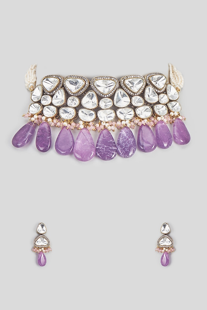 Gold Finish Kundan & Purple Beaded Choker Necklace Set by VASTRAA Jewellery at Pernia's Pop Up Shop