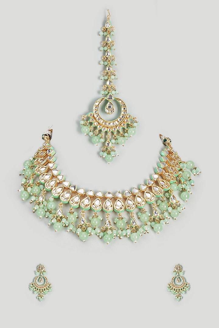 Gold Finish Kundan Polki & Green Beaded Choker Necklace Set by VASTRAA Jewellery at Pernia's Pop Up Shop