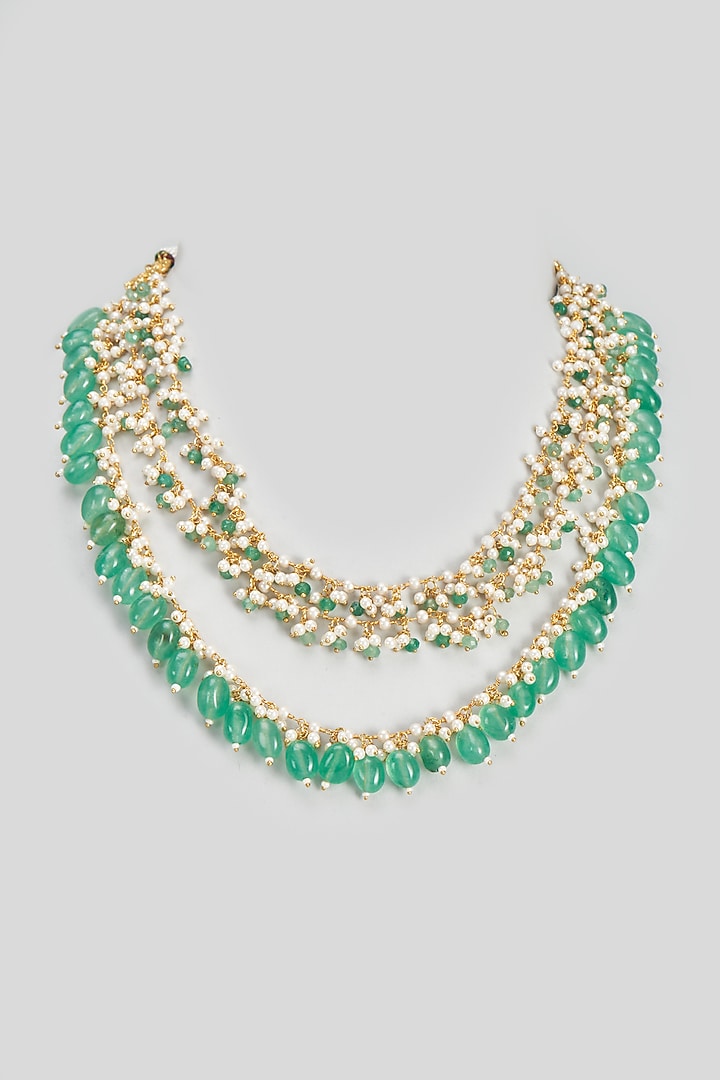 Gold Finish Kundan Polki & Pearl Layered Necklace by VASTRAA Jewellery at Pernia's Pop Up Shop
