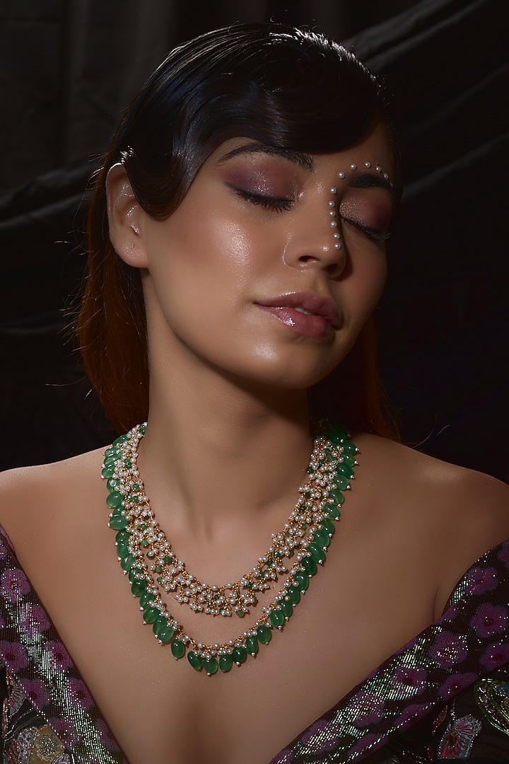 Gold Finish Kundan Polki & Pearl Layered Necklace by VASTRAA Jewellery at Pernia's Pop Up Shop