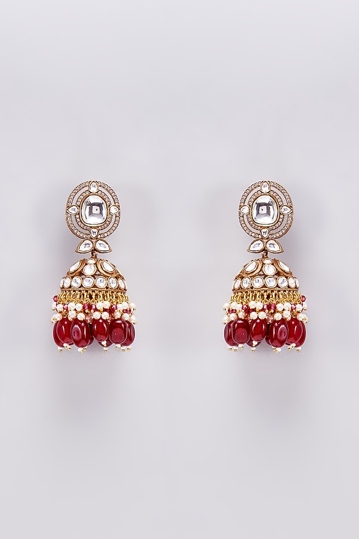 Gold Finish Kundan Polki & Red Beaded Jhumka Earrings by VASTRAA Jewellery at Pernia's Pop Up Shop