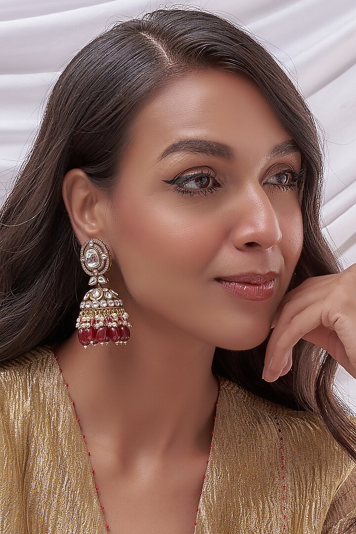 Gold Finish Kundan Polki & Red Beaded Jhumka Earrings by VASTRAA Jewellery at Pernia's Pop Up Shop
