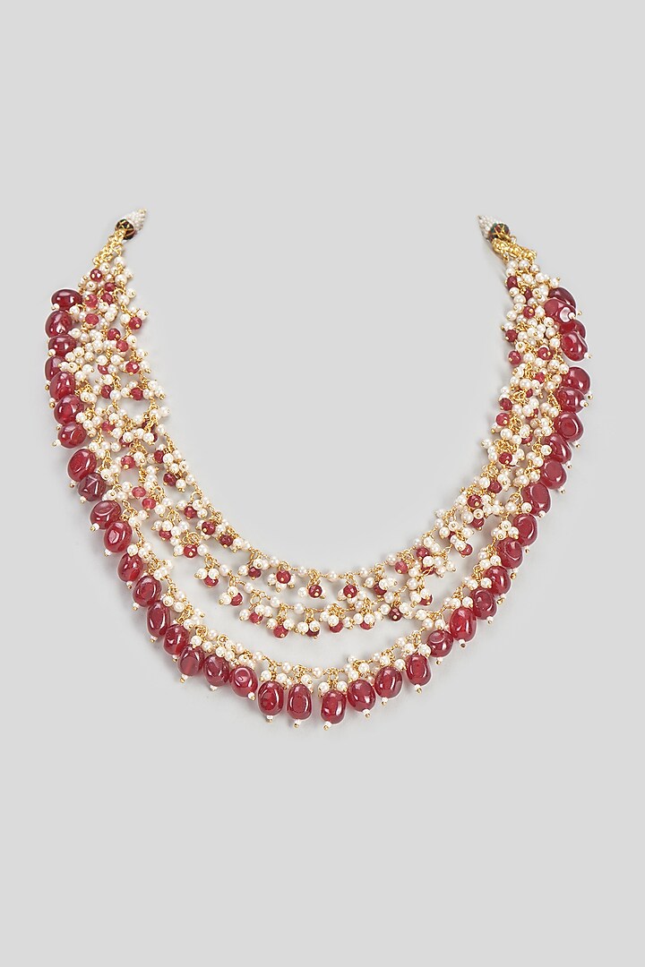 Gold Finish Kundan Polki & Red Beaded Layered Necklace by VASTRAA Jewellery at Pernia's Pop Up Shop