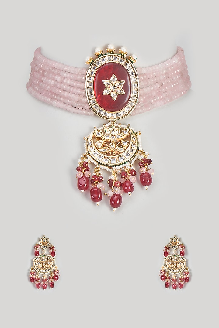 Gold Finish Kundan Polki Choker & Long Necklace Set by VASTRAA Jewellery at Pernia's Pop Up Shop