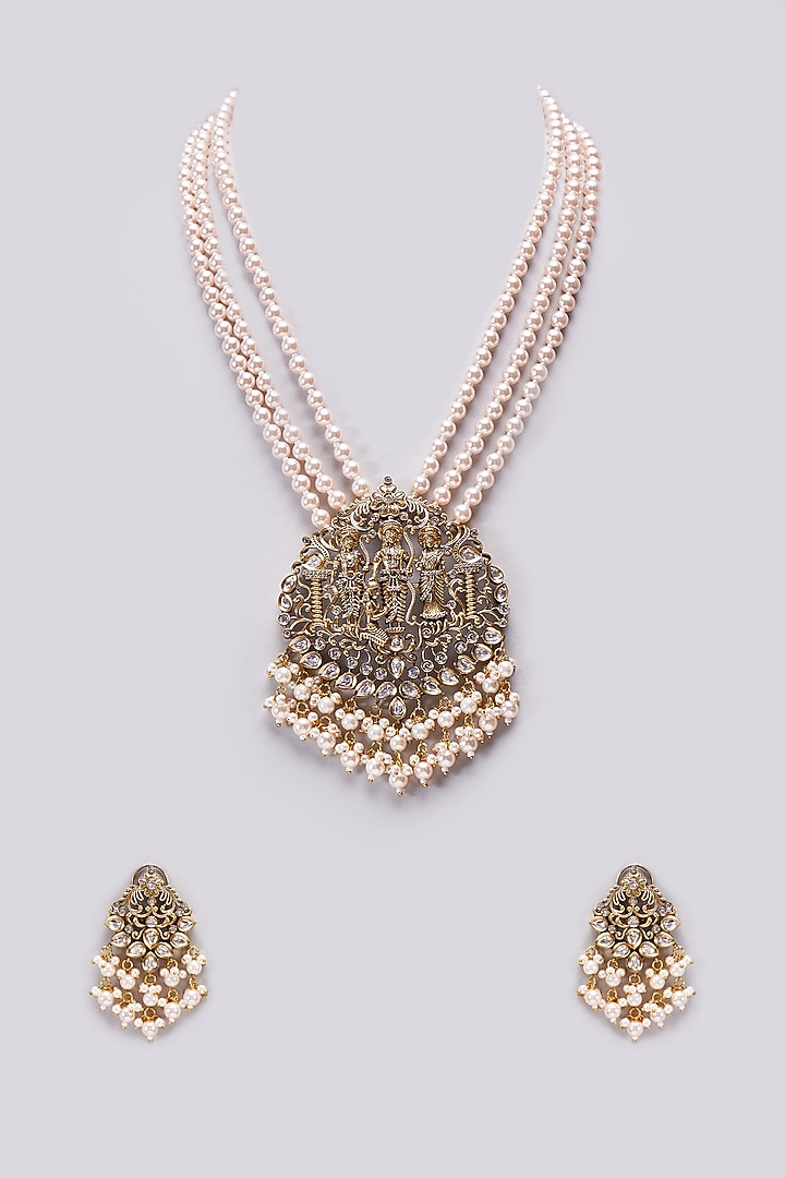 Gold Finish Kundan Polki & Pearl Long Necklace Set by VASTRAA Jewellery at Pernia's Pop Up Shop