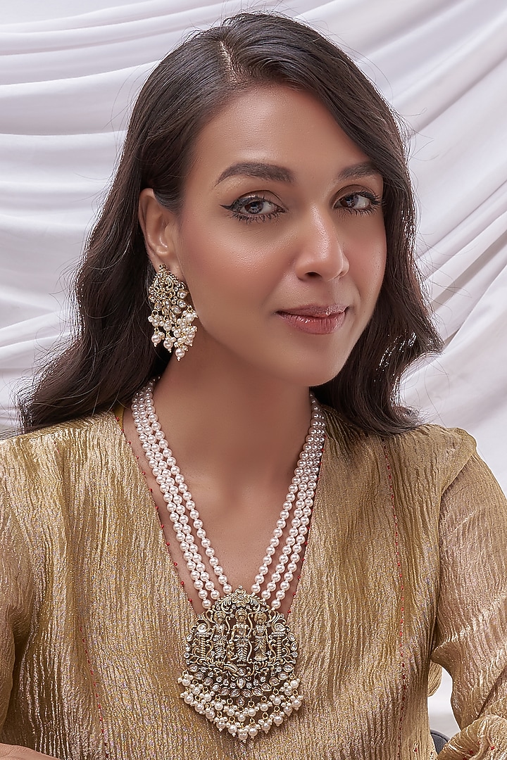 Gold Finish Kundan Polki & Pearl Long Necklace Set by VASTRAA Jewellery at Pernia's Pop Up Shop