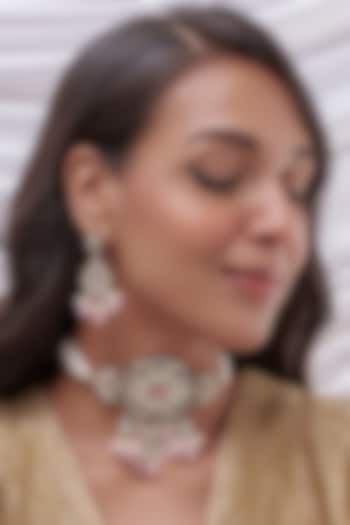 Two Tone Finish Kundan Polki & Pink Stone Choker Necklace Set by VASTRAA Jewellery at Pernia's Pop Up Shop
