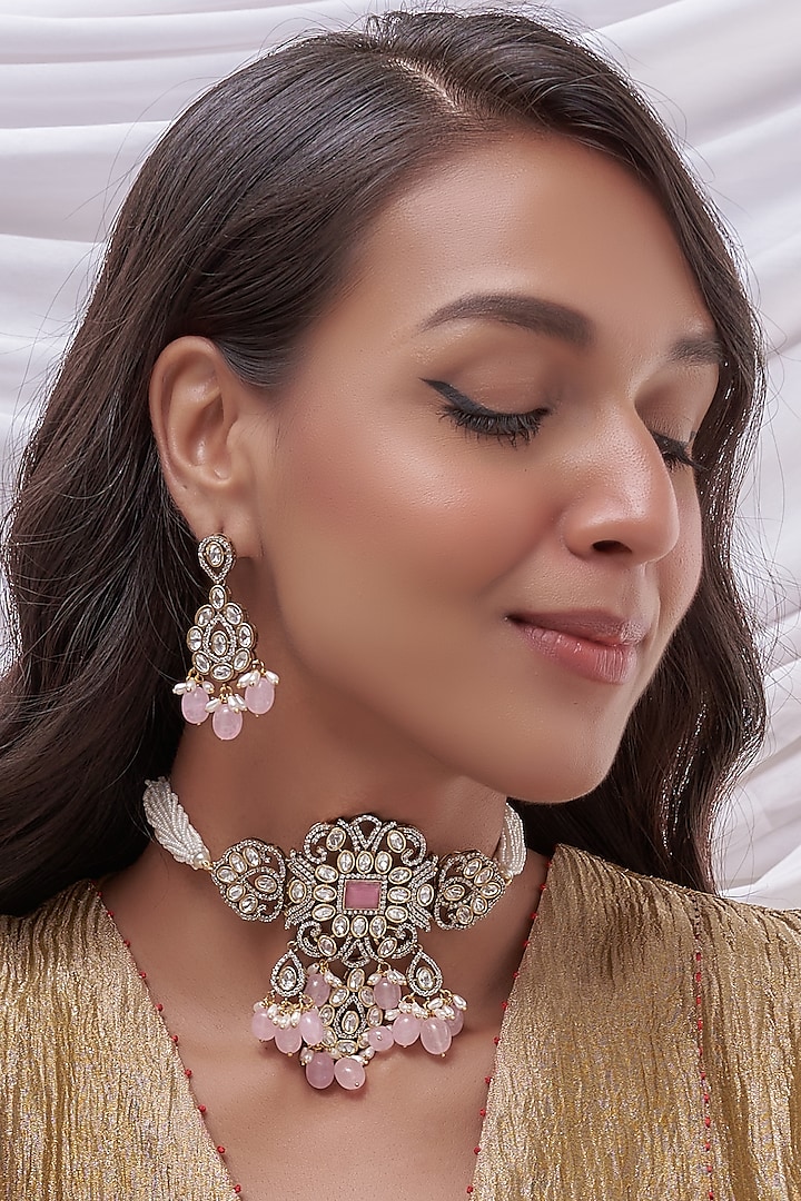 Two Tone Finish Kundan Polki & Pink Stone Choker Necklace Set by VASTRAA Jewellery at Pernia's Pop Up Shop