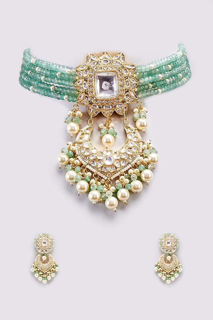 Gold Finish Pink Kundan Polki & Green Beaded Choker Necklace Set by VASTRAA Jewellery at Pernia's Pop Up Shop