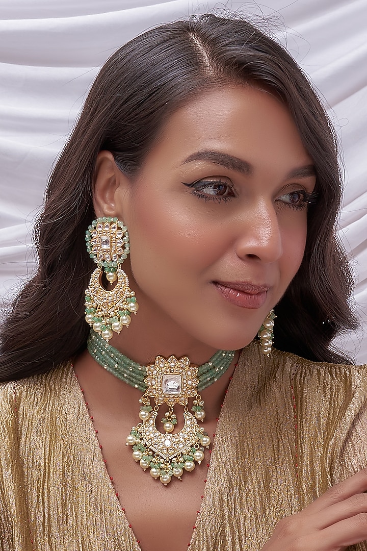 Gold Finish Pink Kundan Polki & Green Beaded Choker Necklace Set by VASTRAA Jewellery at Pernia's Pop Up Shop