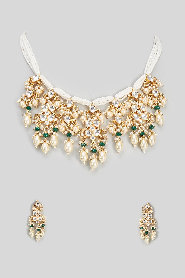 Gold Finish Kundan Polki & Pearl Necklace Set by VASTRAA Jewellery at Pernia's Pop Up Shop
