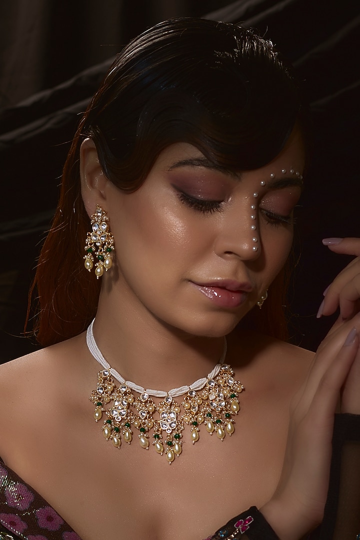 Gold Finish Kundan Polki & Pearl Necklace Set by VASTRAA Jewellery at Pernia's Pop Up Shop