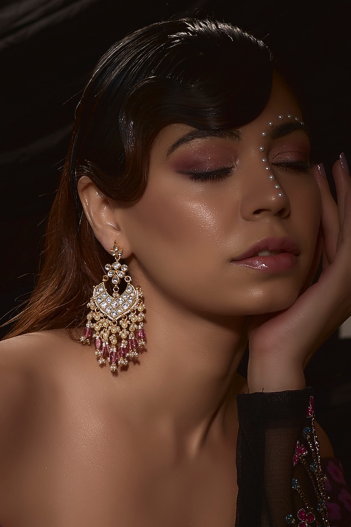 Gold Finish Kundan Polki Chandbali Earrings by VASTRAA Jewellery at Pernia's Pop Up Shop